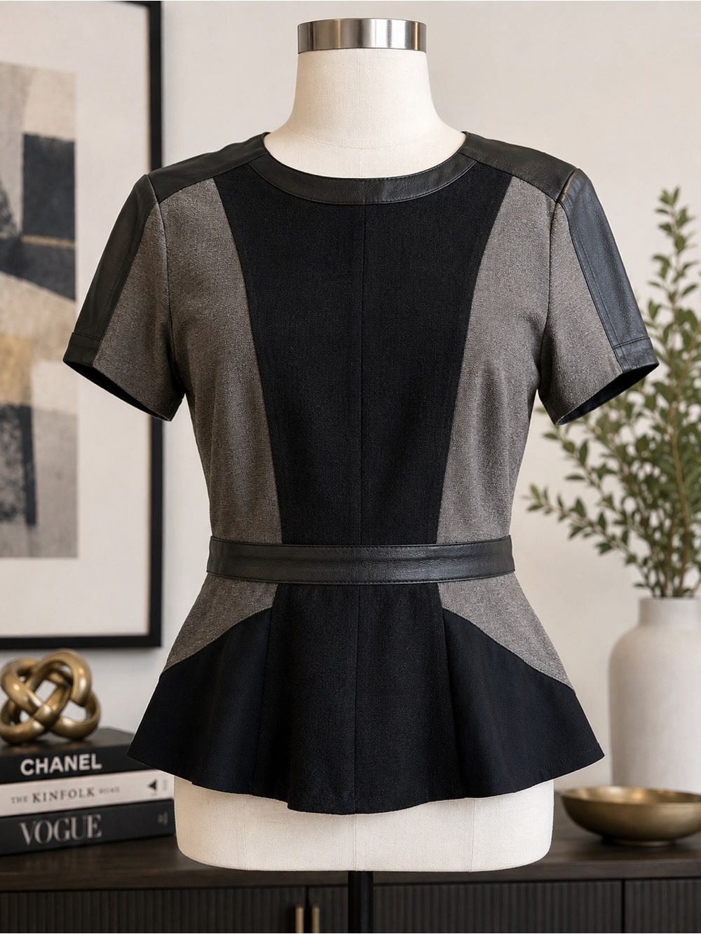 BCBGMAXAZRIA Peplum Top Gray Black Colorblock Faux Leather Size S